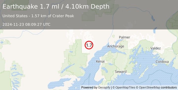 Earthquake 64 km WNW of Tyonek, Alaska (1.7 ml) (2024-11-23 08:09:27 UTC)