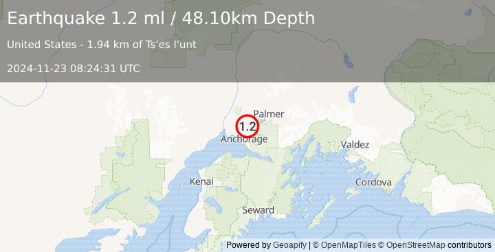 Earthquake 6 km SSW of Knik, Alaska (1.2 ml) (2024-11-23 08:24:31 UTC)