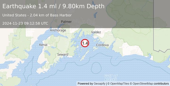 Earthquake 46 km SW of Tatitlek, Alaska (1.4 ml) (2024-11-23 09:12:58 UTC)