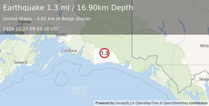 Earthquake 109 km S of McCarthy, Alaska (1.3 ml) (2024-11-23 09:43:28 UTC)