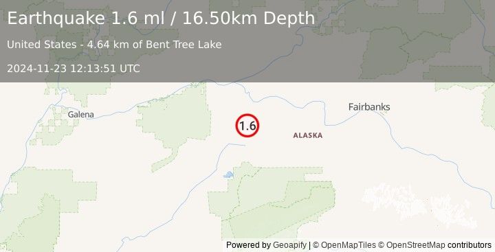 Earthquake 66 km SW of Manley Hot Springs, Alaska (1.6 ml) (2024-11-23 12:13:51 UTC)