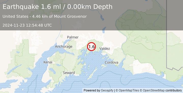 Earthquake 58 km NW of Tatitlek, Alaska (1.6 ml) (2024-11-23 12:54:48 UTC)