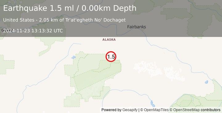 Earthquake 23 km WSW of Ferry, Alaska (1.5 ml) (2024-11-23 13:13:32 UTC)