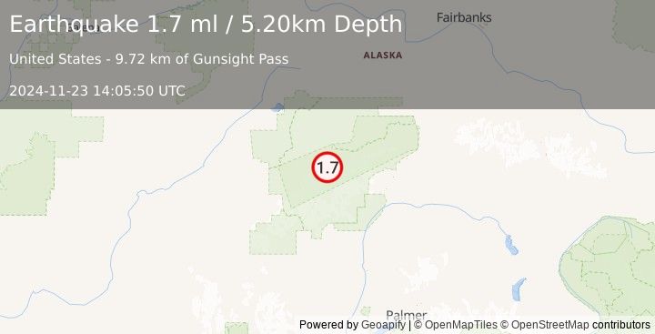 Earthquake 47 km SE of Denali National Park, Alaska (1.7 ml) (2024-11-23 14:05:50 UTC)