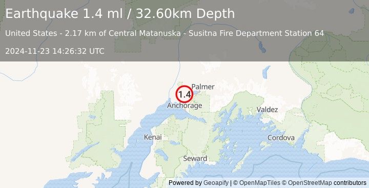 Earthquake 8 km SSE of Big Lake, Alaska (1.4 ml) (2024-11-23 14:26:32 UTC)