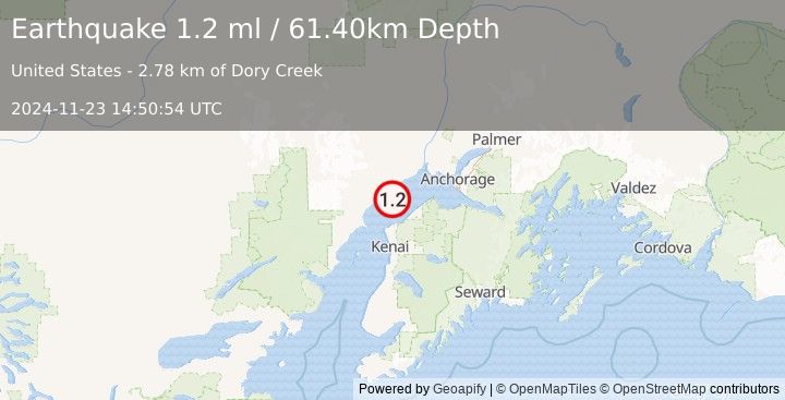 Earthquake 7 km SSW of Tyonek, Alaska (1.2 ml) (2024-11-23 14:50:54 UTC)