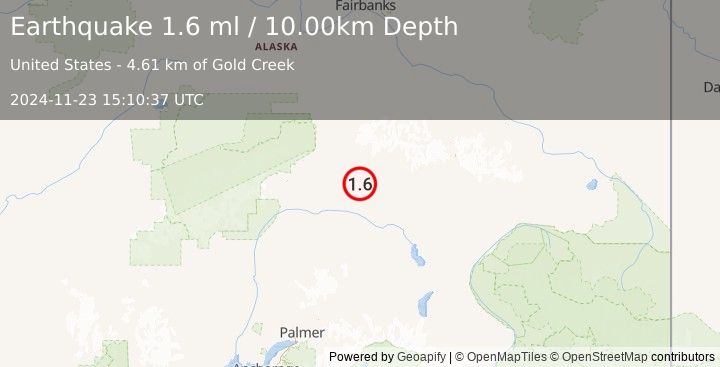 Earthquake 63 km ESE of Cantwell, Alaska (1.6 ml) (2024-11-23 15:10:37 UTC)