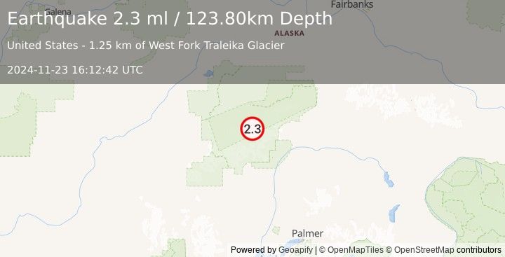 Earthquake 64 km SE of Denali National Park, Alaska (2.3 ml) (2024-11-23 16:12:42 UTC)