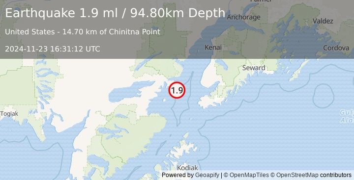 Earthquake 60 km WNW of Nanwalek, Alaska (1.9 ml) (2024-11-23 16:31:12 UTC)