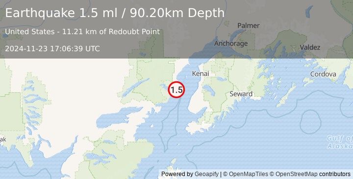 Earthquake 40 km WNW of Ninilchik, Alaska (1.5 ml) (2024-11-23 17:06:39 UTC)