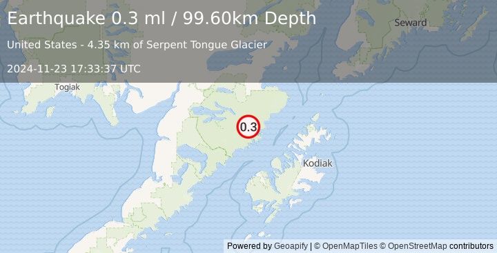 Earthquake 93 km N of Karluk, Alaska (0.3 ml) (2024-11-23 17:33:37 UTC)