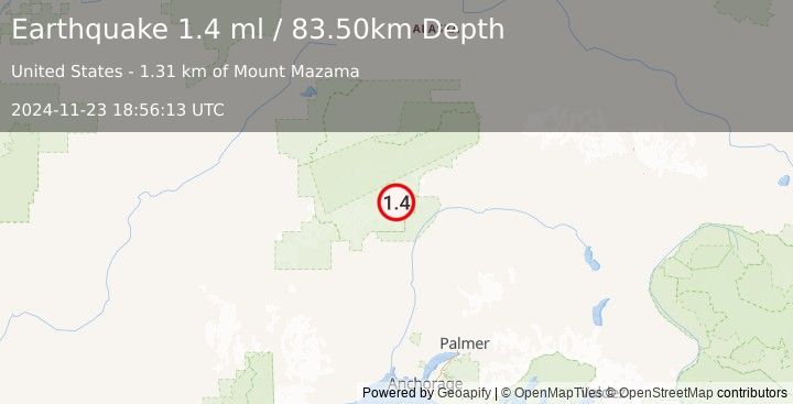 Earthquake 48 km NNE of Petersville, Alaska (1.4 ml) (2024-11-23 18:56:13 UTC)