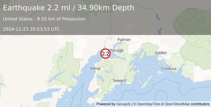 Earthquake 21 km NNE of Point Possession, Alaska (2.2 ml) (2024-11-23 20:53:53 UTC)