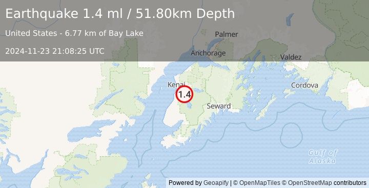 Earthquake 17 km SSE of Soldotna, Alaska (1.4 ml) (2024-11-23 21:08:25 UTC)