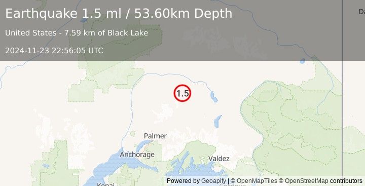 Earthquake 71 km NW of Eureka Roadhouse, Alaska (1.5 ml) (2024-11-23 22:56:05 UTC)