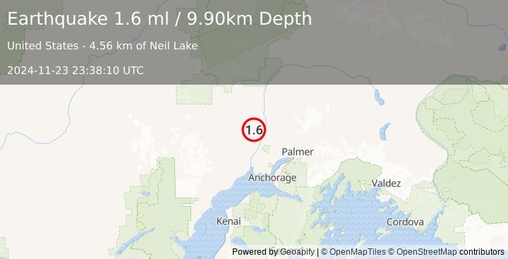 Earthquake 30 km NW of Willow, Alaska (1.6 ml) (2024-11-23 23:38:10 UTC)