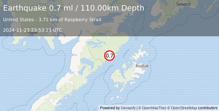 Earthquake 71 km NNW of Karluk, Alaska (0.7 ml) (2024-11-23 23:53:21 UTC)