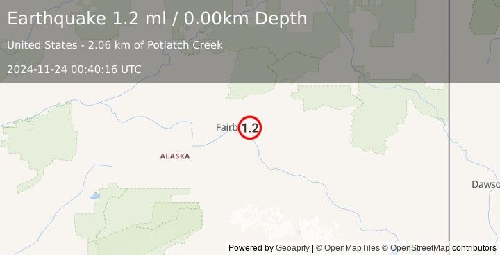 Earthquake 9 km NNE of North Pole, Alaska (1.2 ml) (2024-11-24 00:40:16 UTC)