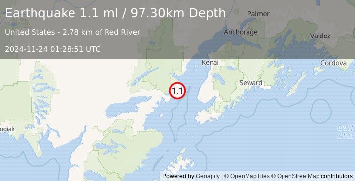 Earthquake 52 km WNW of Anchor Point, Alaska (1.1 ml) (2024-11-24 01:28:51 UTC)