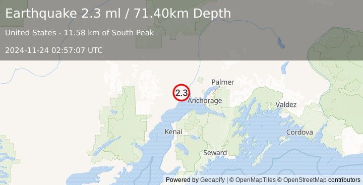 Earthquake 27 km SW of Susitna, Alaska (2.3 ml) (2024-11-24 02:57:07 UTC)