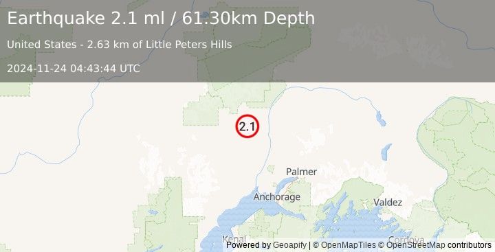 Earthquake 23 km S of Petersville, Alaska (2.1 ml) (2024-11-24 04:43:44 UTC)