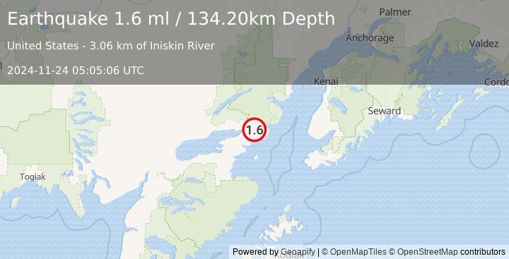 Earthquake 35 km E of Pedro Bay, Alaska (1.6 ml) (2024-11-24 05:05:06 UTC)