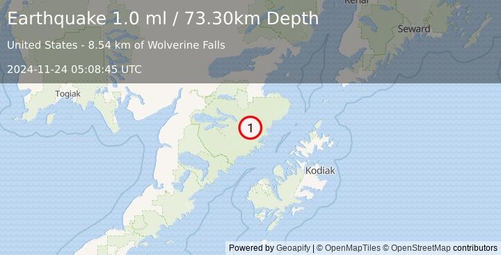 Earthquake 104 km N of Karluk, Alaska (1.0 ml) (2024-11-24 05:08:45 UTC)