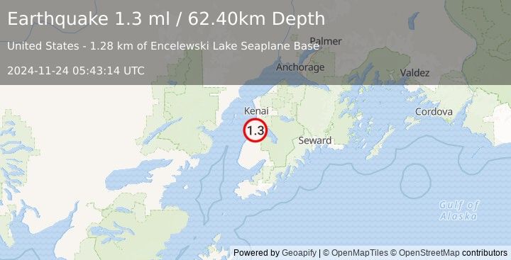 Earthquake 6 km ENE of Clam Gulch, Alaska (1.3 ml) (2024-11-24 05:43:14 UTC)