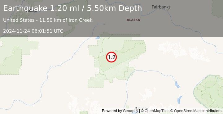 Earthquake 37 km SE of Denali National Park, Alaska (1.2 ml) (2024-11-24 06:01:51 UTC)