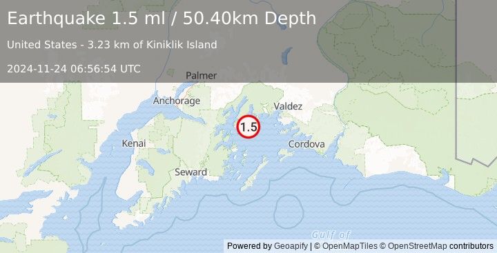 Earthquake 50 km W of Tatitlek, Alaska (1.5 ml) (2024-11-24 06:56:54 UTC)