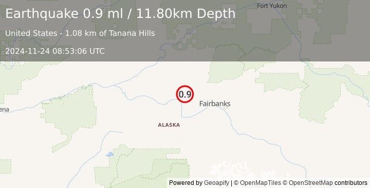 Earthquake 23 km SE of Minto, Alaska (0.9 ml) (2024-11-24 08:53:06 UTC)