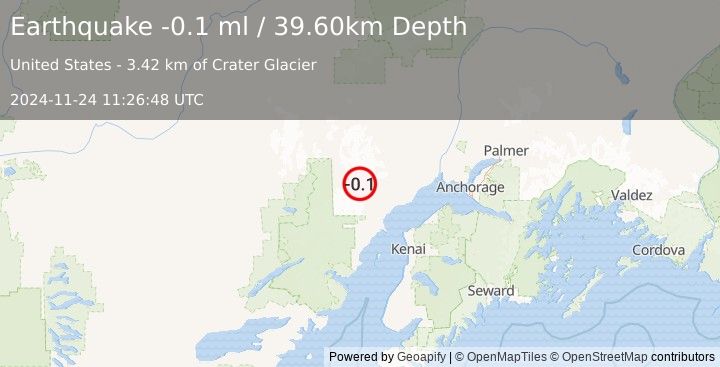 Earthquake 66 km WNW of Tyonek, Alaska (-0.1 ml) (2024-11-24 11:26:48 UTC)