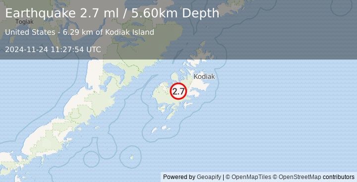 Earthquake 28 km ESE of Larsen Bay, Alaska (2.7 ml) (2024-11-24 11:27:54 UTC)