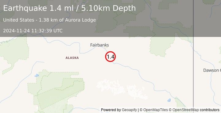 Earthquake 4 km SSW of Salcha, Alaska (1.4 ml) (2024-11-24 11:32:39 UTC)