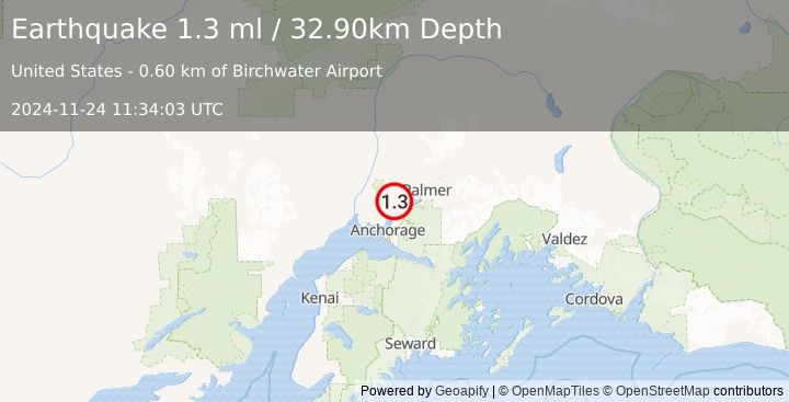 Earthquake 4 km NNW of Knik, Alaska (1.3 ml) (2024-11-24 11:34:03 UTC)