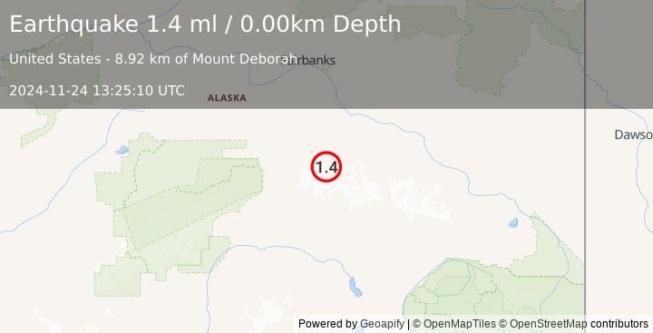 Earthquake 79 km SSW of Harding-Birch Lakes, Alaska (1.4 ml) (2024-11-24 13:25:10 UTC)