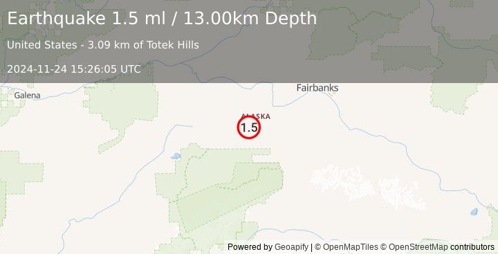 Earthquake 34 km W of Anderson, Alaska (1.5 ml) (2024-11-24 15:26:05 UTC)