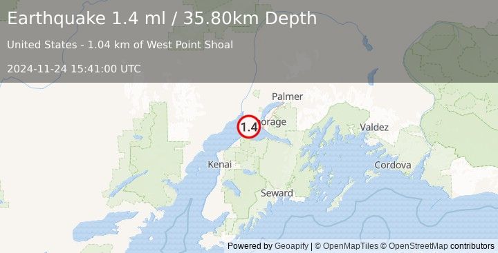 Earthquake 24 km WSW of Anchorage, Alaska (1.4 ml) (2024-11-24 15:41:00 UTC)