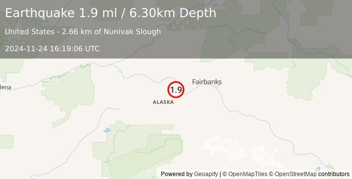 Earthquake 9 km N of Four Mile Road, Alaska (1.9 ml) (2024-11-24 16:19:06 UTC)