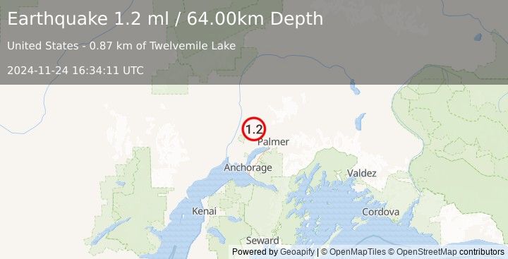 Earthquake 17 km NNE of Houston, Alaska (1.2 ml) (2024-11-24 16:34:11 UTC)