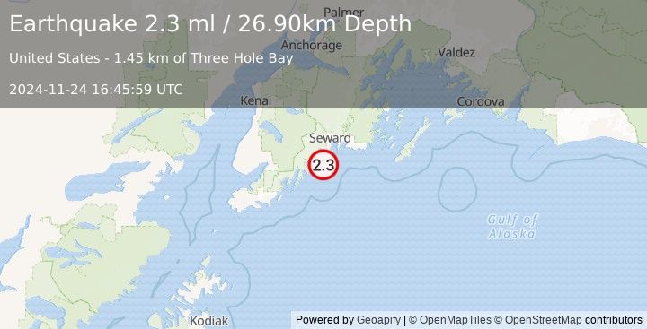 Earthquake 34 km SSW of Lowell Point, Alaska (2.3 ml) (2024-11-24 16:45:59 UTC)