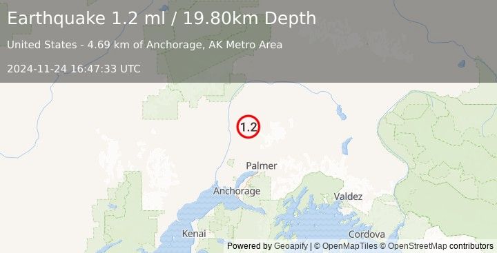 Earthquake 17 km E of Susitna North, Alaska (1.2 ml) (2024-11-24 16:47:33 UTC)