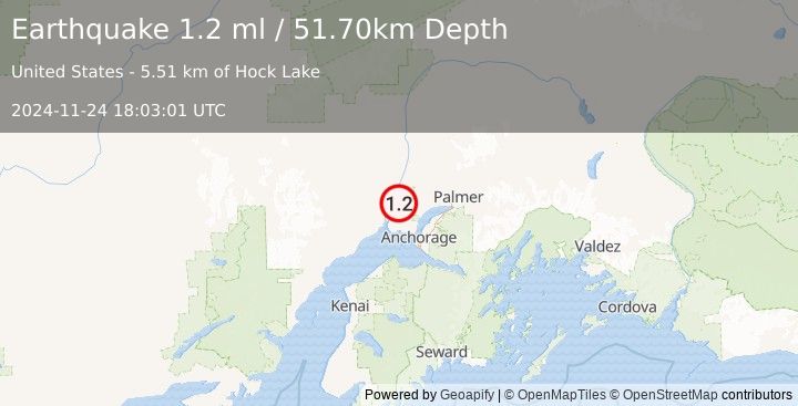 Earthquake 11 km E of Susitna, Alaska (1.2 ml) (2024-11-24 18:03:01 UTC)