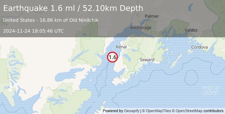 Earthquake 19 km NW of Ninilchik, Alaska (1.6 ml) (2024-11-24 18:05:46 UTC)