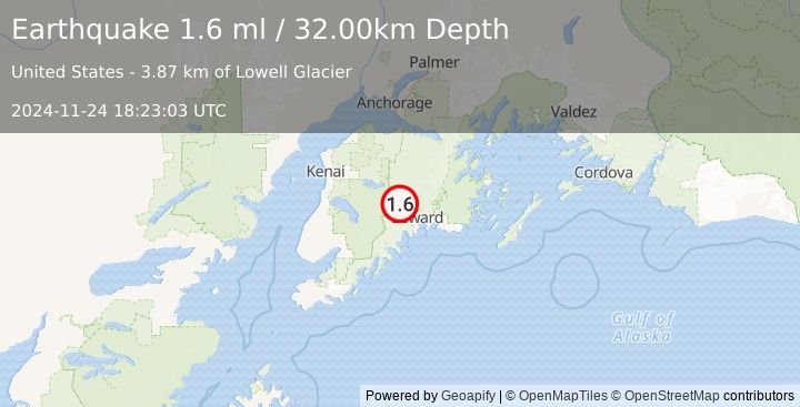 Earthquake 23 km WNW of Bear Creek, Alaska (1.6 ml) (2024-11-24 18:23:03 UTC)