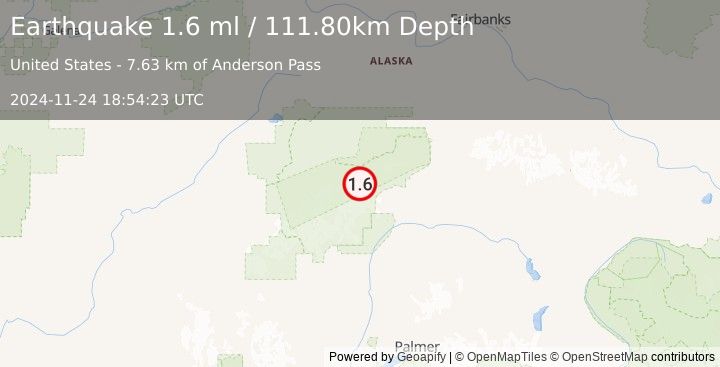 Earthquake 72 km WSW of Cantwell, Alaska (1.6 ml) (2024-11-24 18:54:23 UTC)