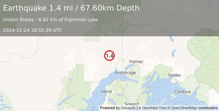 Earthquake 27 km SE of Skwentna, Alaska (1.4 ml) (2024-11-24 18:55:28 UTC)