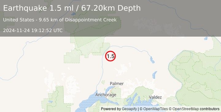 Earthquake 29 km ENE of Chase, Alaska (1.5 ml) (2024-11-24 19:12:52 UTC)