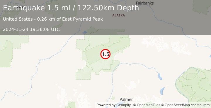 Earthquake 67 km SE of Denali National Park, Alaska (1.5 ml) (2024-11-24 19:36:08 UTC)