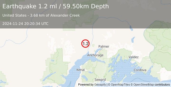 Earthquake 25 km NW of Susitna, Alaska (1.2 ml) (2024-11-24 20:20:34 UTC)